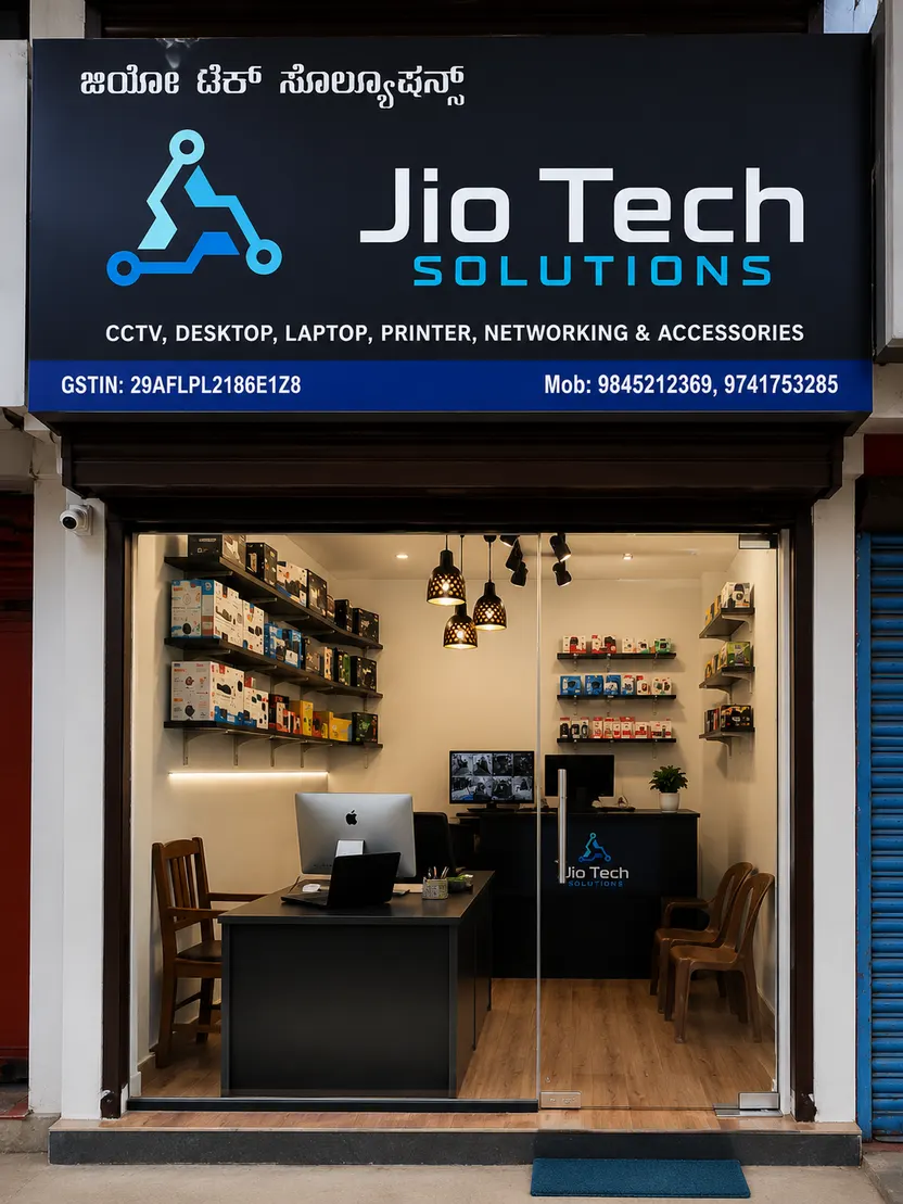 Jio Tech Solutions shop front with signboard on Market Road, Karkala