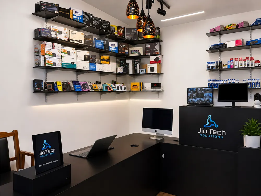 Inside Jio Tech Solutions: stocked accessory shelves and the branded service counter